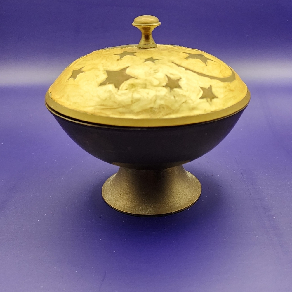 Beautiful Vintage Brass Lidded Trinket Box in Celestial Moon & Sun Inlay Mystic